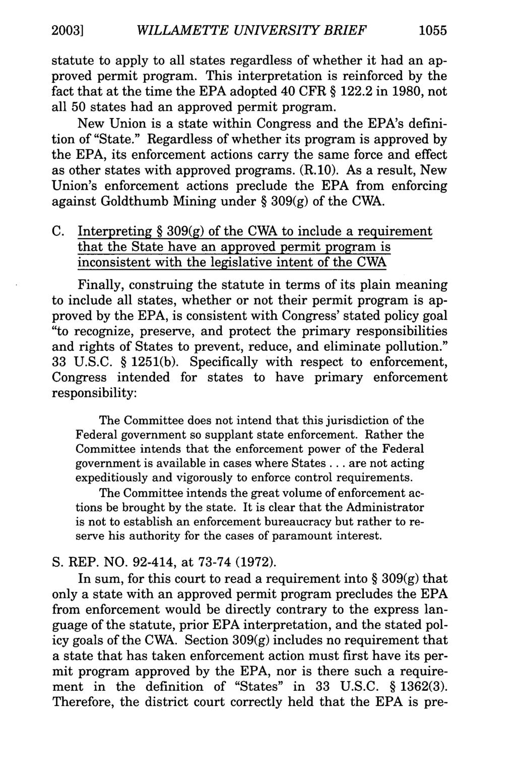 2003] WILLAMETTE UNIVERSITY BRIEF 1055 statute to apply to all states regardless of whether it had an approved permit program.