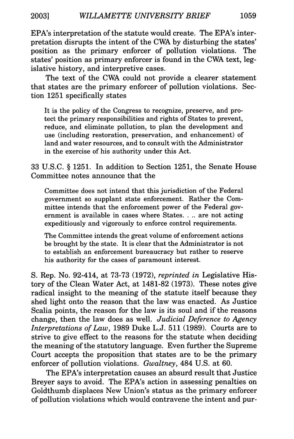20031 WILLAMETTE UNIVERSITY BRIEF 1059 EPA's interpretation of the statute would create.