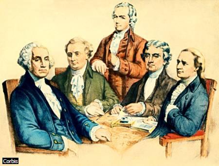 Washington and His Cabinet United States President George Washington, far left, sits with members of his Cabinet who were appointed in 1789 and 1790.
