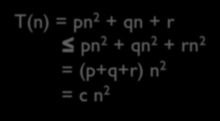 Upper Bounds Example T(n) = pn 2 + qn + r Ø p, q, r are positive constants For all n 1, T(n) = pn 2 + qn + r pn 2 + qn 2 + rn 2 = (p+q+r) n 2 = c n 2 èt(n) cn 2, where c = p+q+r èt(n) = O(n 2 ) Also