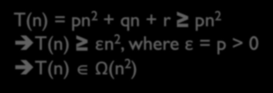 Example: Lower Bound T(n) = pn 2 + qn + r Ø p, q, r are positive constants Idea: Deflate terms rather than inflate For all n 0, T(n) = pn 2 + qn + r pn 2 èt(n) εn 2, where ε = p > 0 èt(n) Î Ω(n
