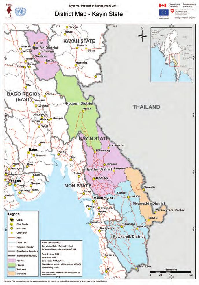 Kayin State, previously known as Karen State, 46 is located in the southeast of Myanmar and borders Mon State and the Bago Region to the west, Kayah State to the northeast, and Shan State and