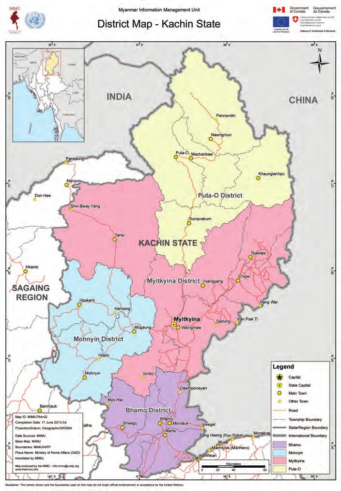 Kachin State lies in the northernmost area of Myanmar, sharing a border with India on the west, and China on the north and east.