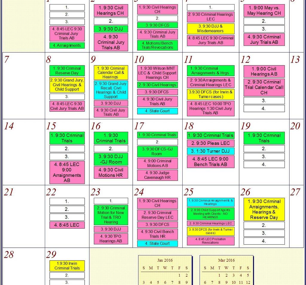 Sample Court Calendar I keep a monthly calendar with all