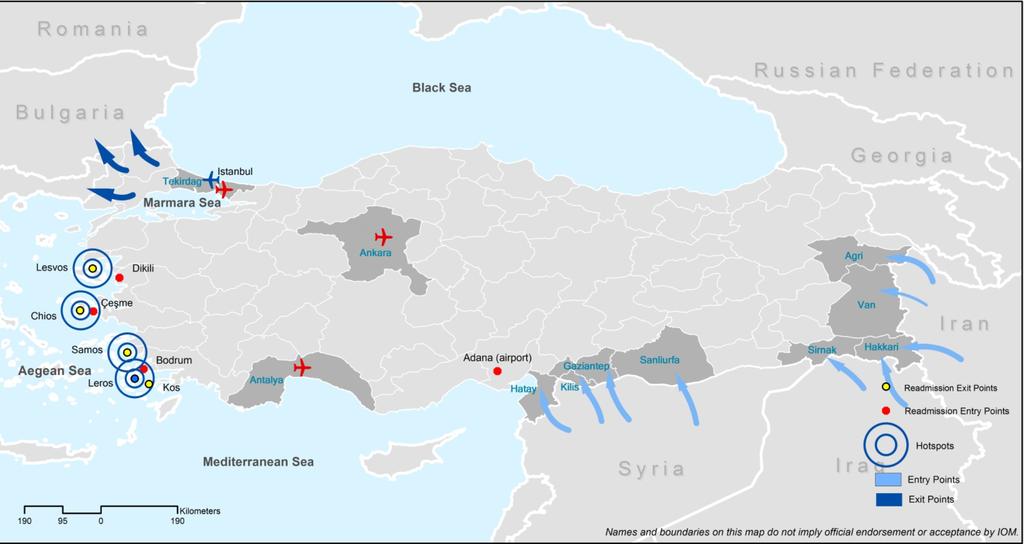 Main Exit and Entry Points from/to Turkey Known entry points by land: Hatay, Kilis, Şanlıurfa (from Syria), Silopi, Çukurca (from Iraq), Şemdinli, Yüksekova, Başkale, Ağrı,Doğubeyazıt (from Iran)