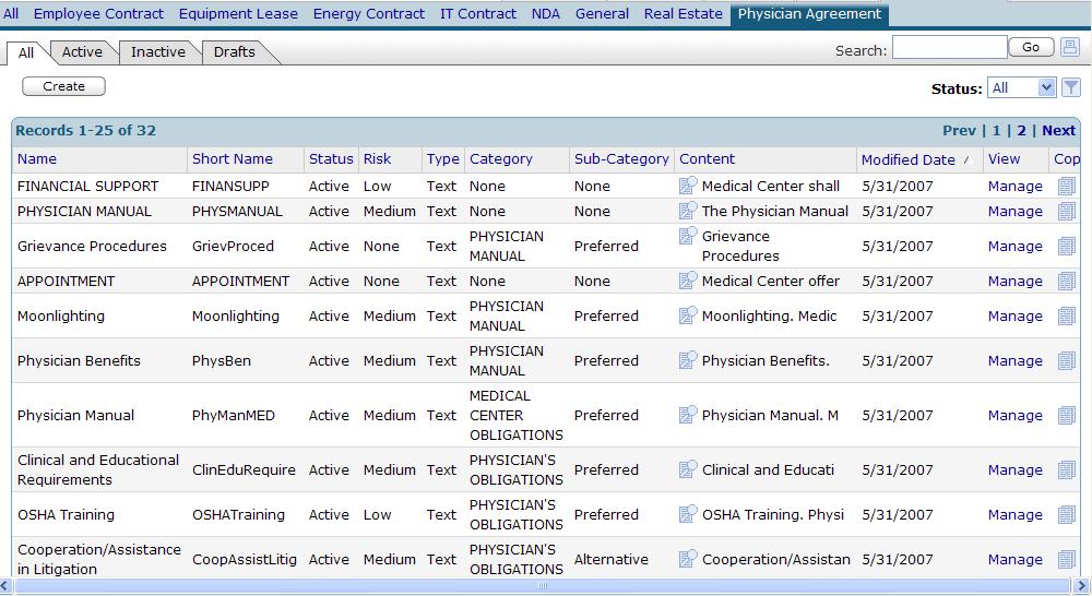 Create a New Clause The following Clause example is created using the Physician Agreement tab. 1.