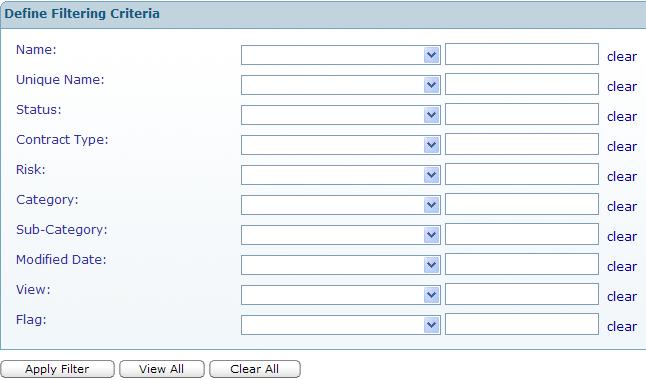 Click the down arrow to select a filter operation from the pull down list Enter a value if required in the second column Figure 2. Clause Filter Form 2.