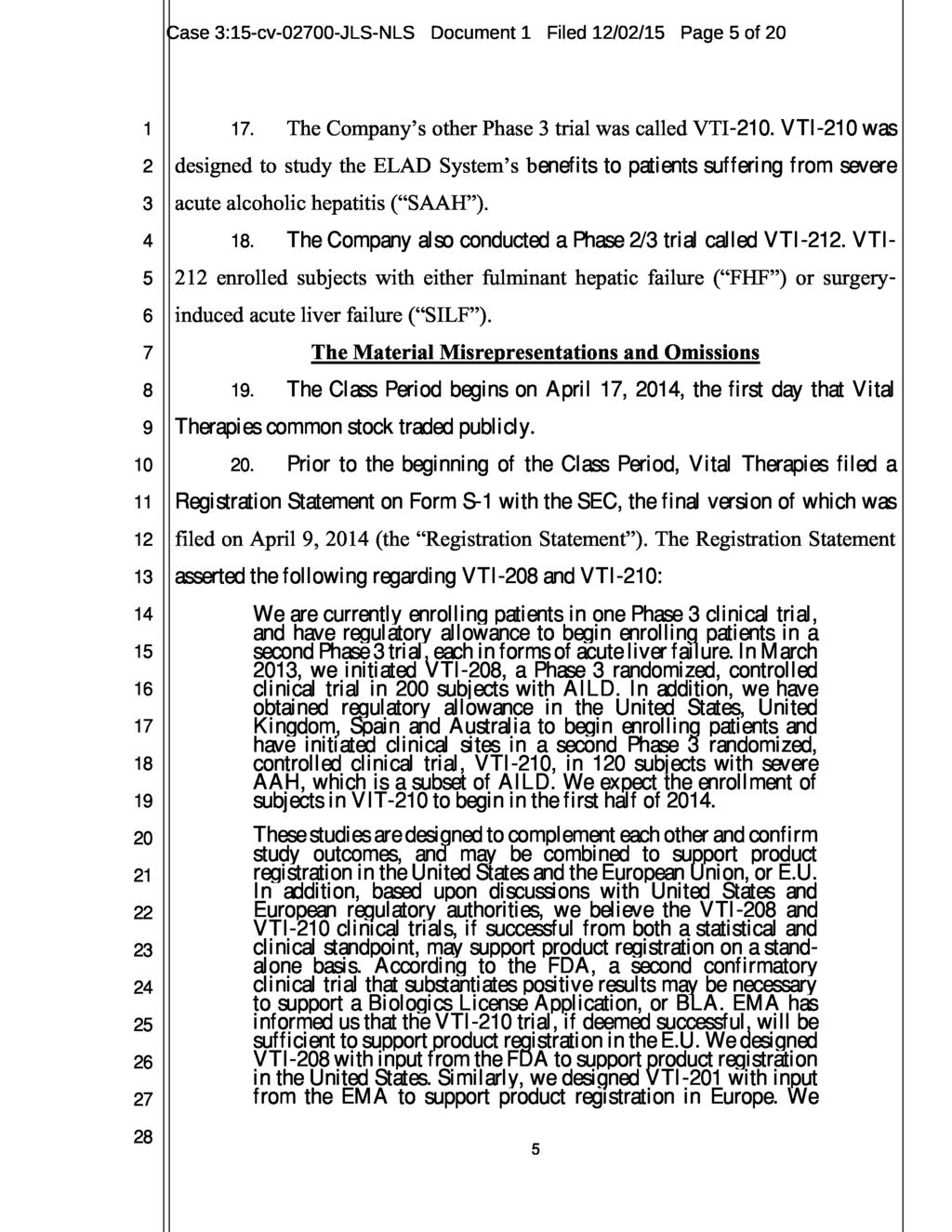 3:15-cv-000-JLS-NLS Document 1 Filed 12/02/15 Page 5 of 20 1 2 3 4 5 6 7 8 9 10 11 12 13 14 15 16 17 18 19 20 21 22 23 17. The Company s other Phase 3 trial was called VTI-210.