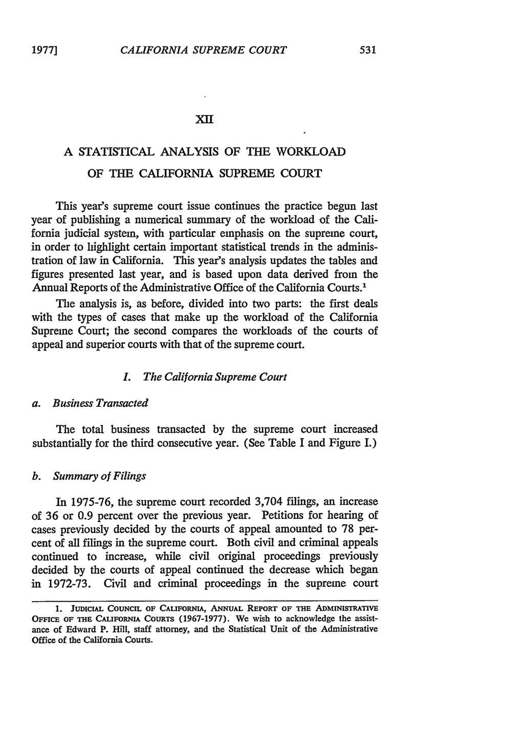 1977] CALIFORNIA SUPREME COURT XII A STATISTICAL ANALYSIS OF THE WORKLOAD OF THE CALIFORNIA SUPREME COURT This year's supreme court issue continues the practice begun last year of publishing a