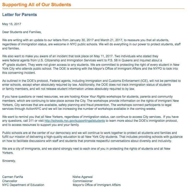 NYC Department of Education letter to