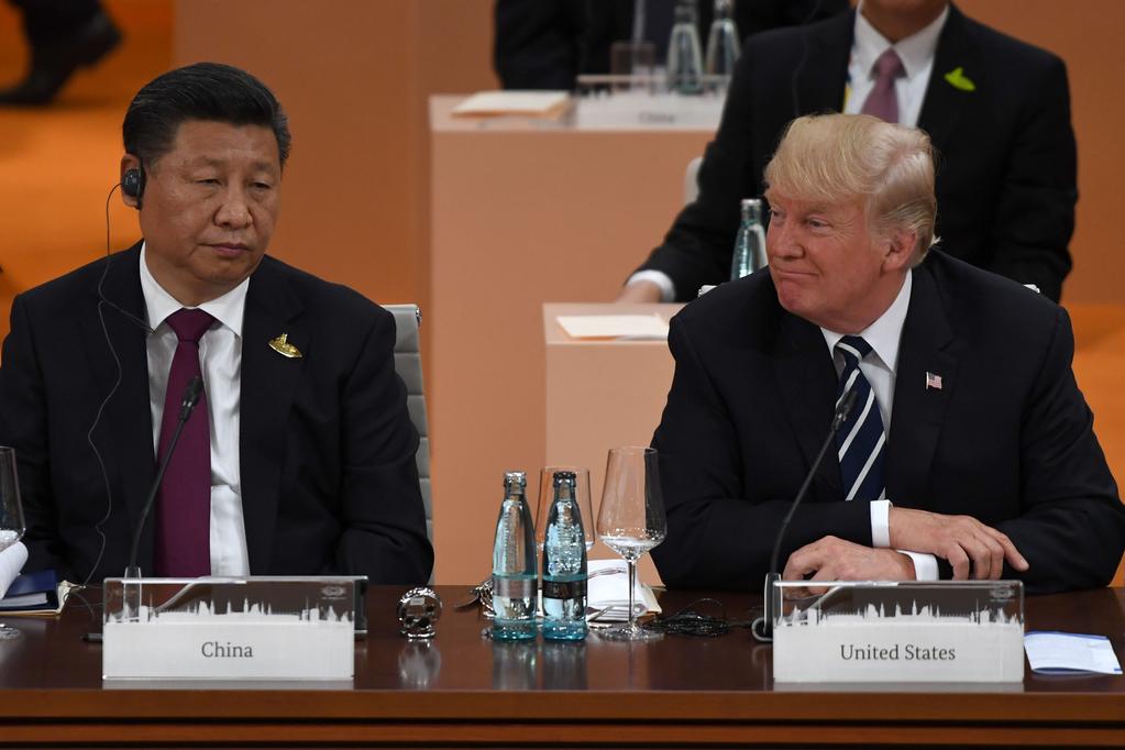 Chinese President Xi Jinping (L) and U.S. President Donald Trump attend a working session on the first day of the G-20 summit in Hamburg, northern Germany, on July 7, 2017.