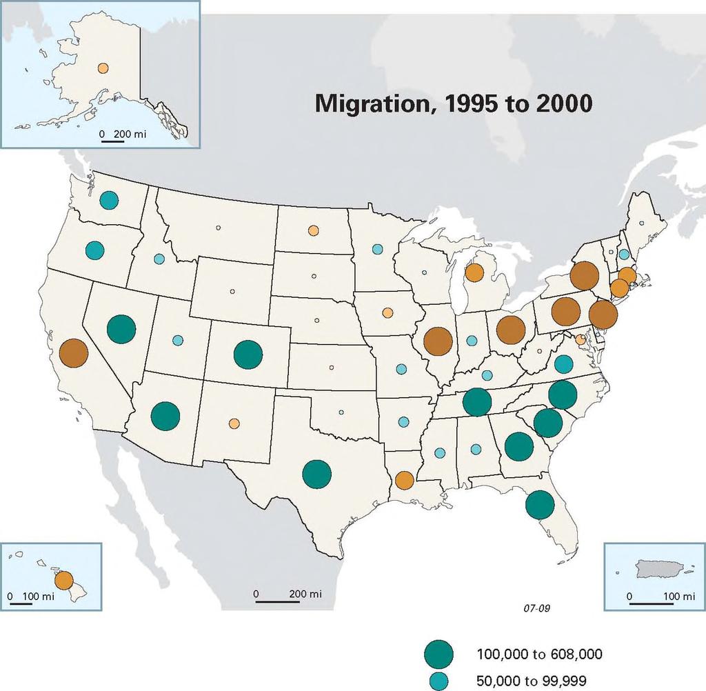 Net domestic migration into or out of the 50 states and District of Columbia 20,000 to 49,999 Oto 19,999-20,000 to -1-50,000 to -20,001-100,000 to -50,001-568,000 t o -100,001 Net domestic migration
