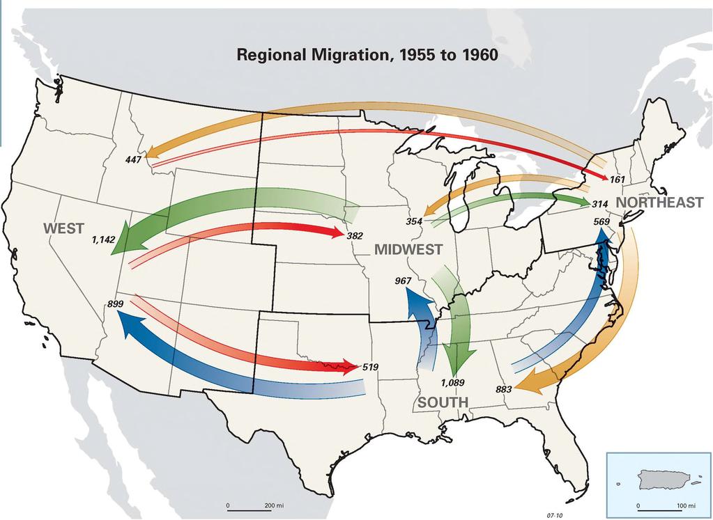 v y ^X W EST Regional Migration, 1955 to 1960 0 200 mi I Gross dom estic migration (in thousands) 3 u NORTHEAST Migration from the Northeast < M igrationfrom the Midwest ^ Migration from the South