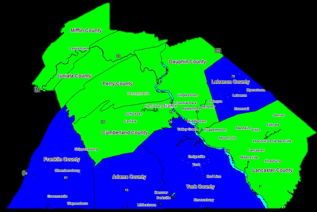 smaller coverage area within the Harrisburg