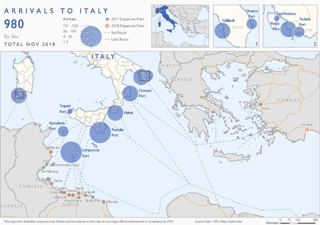Map 1 Main departure points from Libya and landing points in Italy () Known exit points: Some migrants who arrived by sea try to move to other European countries.