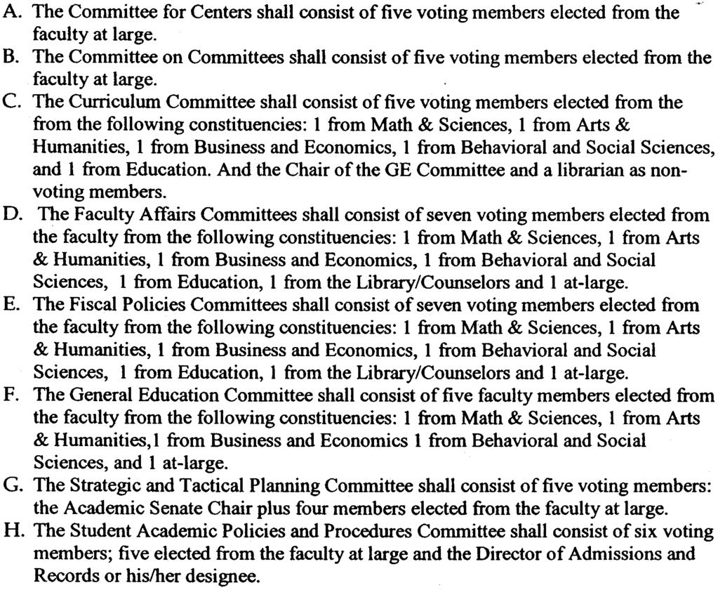 and constituencies as possible. Members of standing committees shall be elected by the tenured and probationary faculty at large.