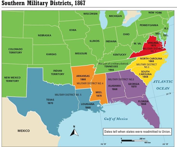 Military districts were created in the ten southern states that refused to