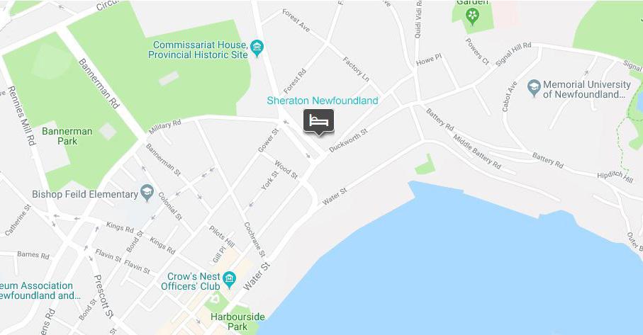 St John s area map Accommodations Sheraton Newfoundland, 15 Cavendish Square, St. John s, NL. Room rate is $174.00, single or double occupancy Traditional room.