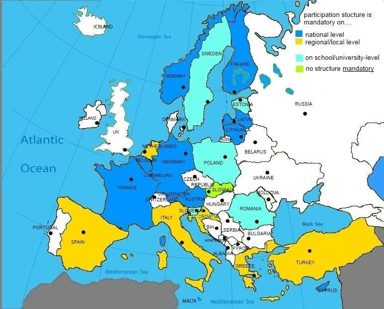 Map 1: mandatory participation structures on different levels in Europe Youth Councils and their rights As mentioned above in almost all European countries youth councils, boards, parliaments or