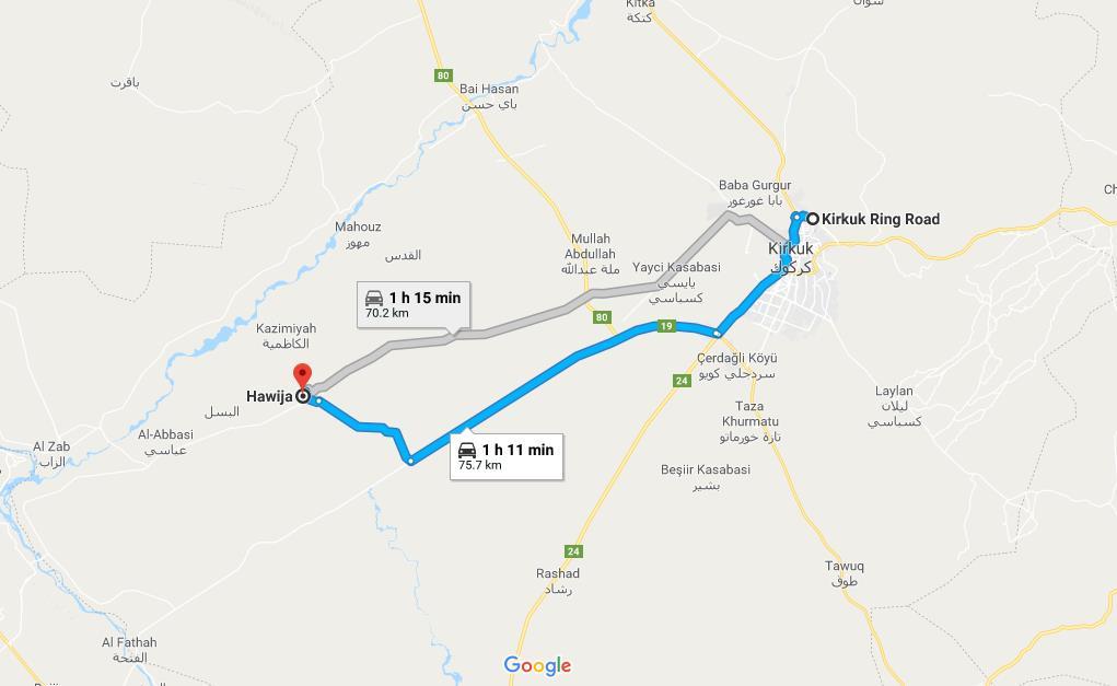 2.1 MAPs and Routes: The team departed at 0920 heading South through Kirkuk the external highway, we reached Tal Kalan crossroad and we turned right to Biji- Kirkuk road, after about 40 KM we turned