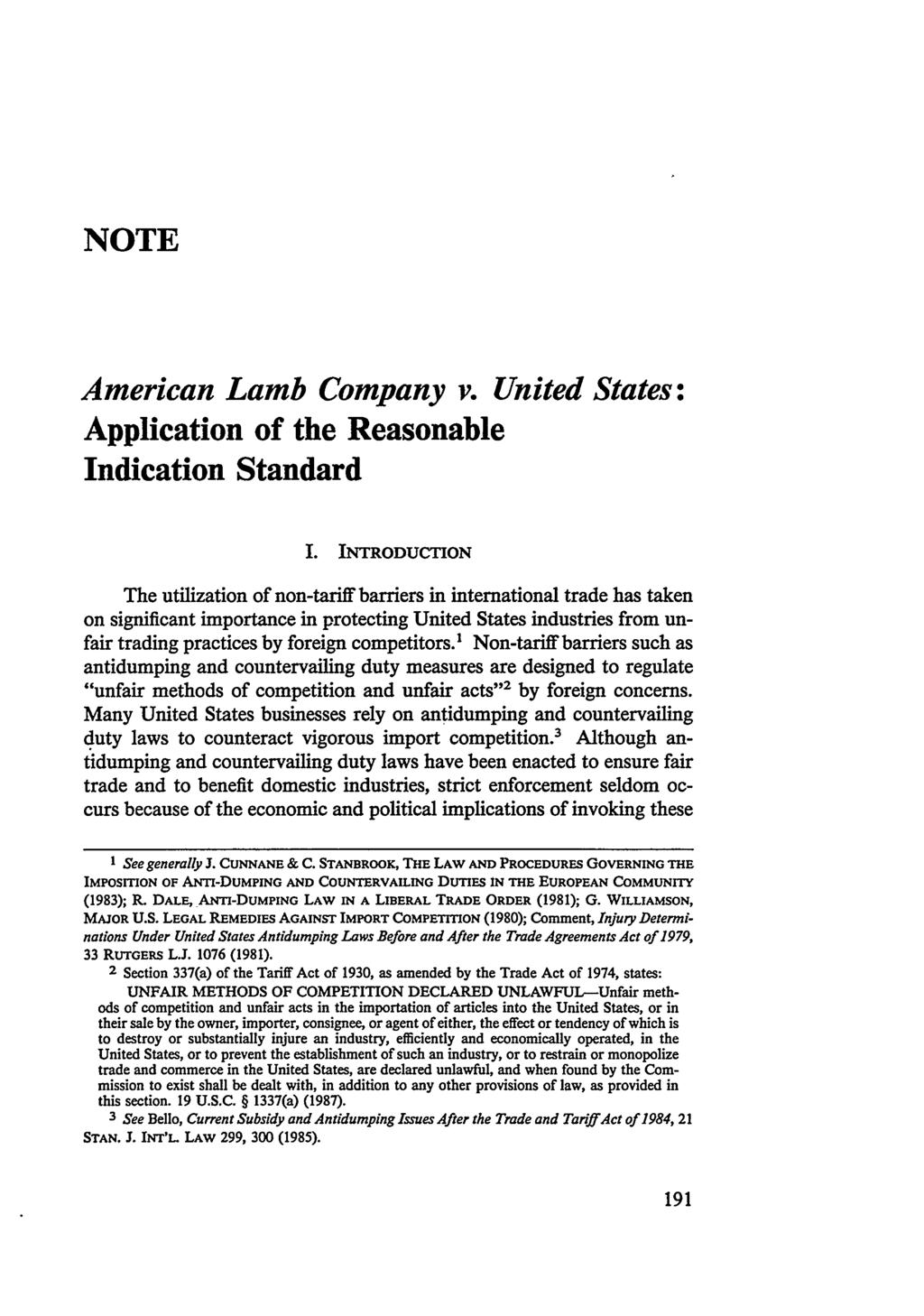 NOTE American Lamb Company v. United States: Application of the Reasonable Indication Standard I.