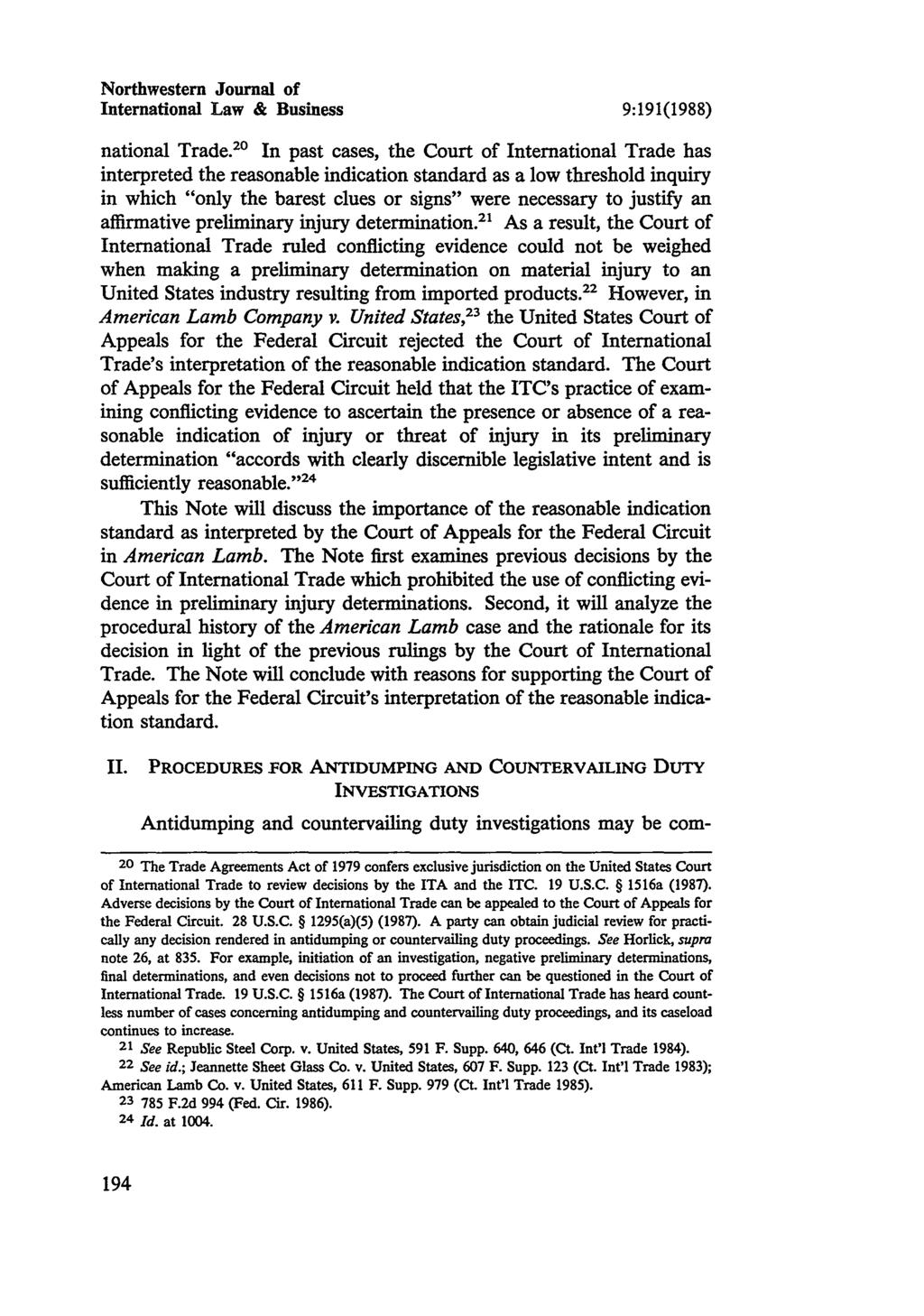 Northwestern Journal of International Law & Business 9:191(1988) national Trade.