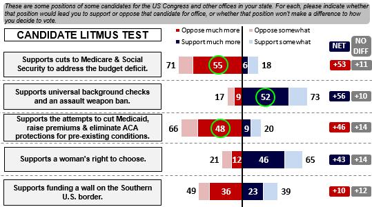 At least half of the Democratic base and swing groups say they will strongly oppose a candidate who supports cuts to Social Security and Medicare to address the budget deficit; who supported the