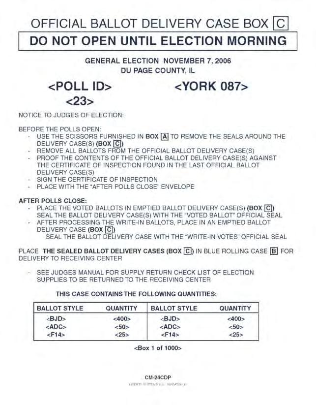 CERTIFICATE OF INSPECTION Each ballot style has a different set of candidates and/or referenda. Remove ALL ballots from the Official Ballot Delivery Case(s) Box C.
