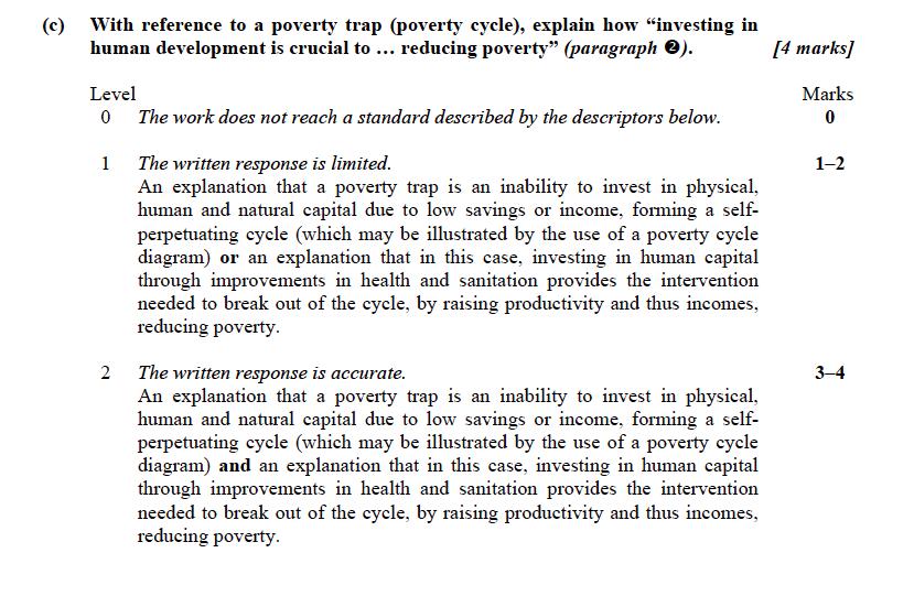 (c) With reference to a poverty trap (poverty cycle), explain how investing in