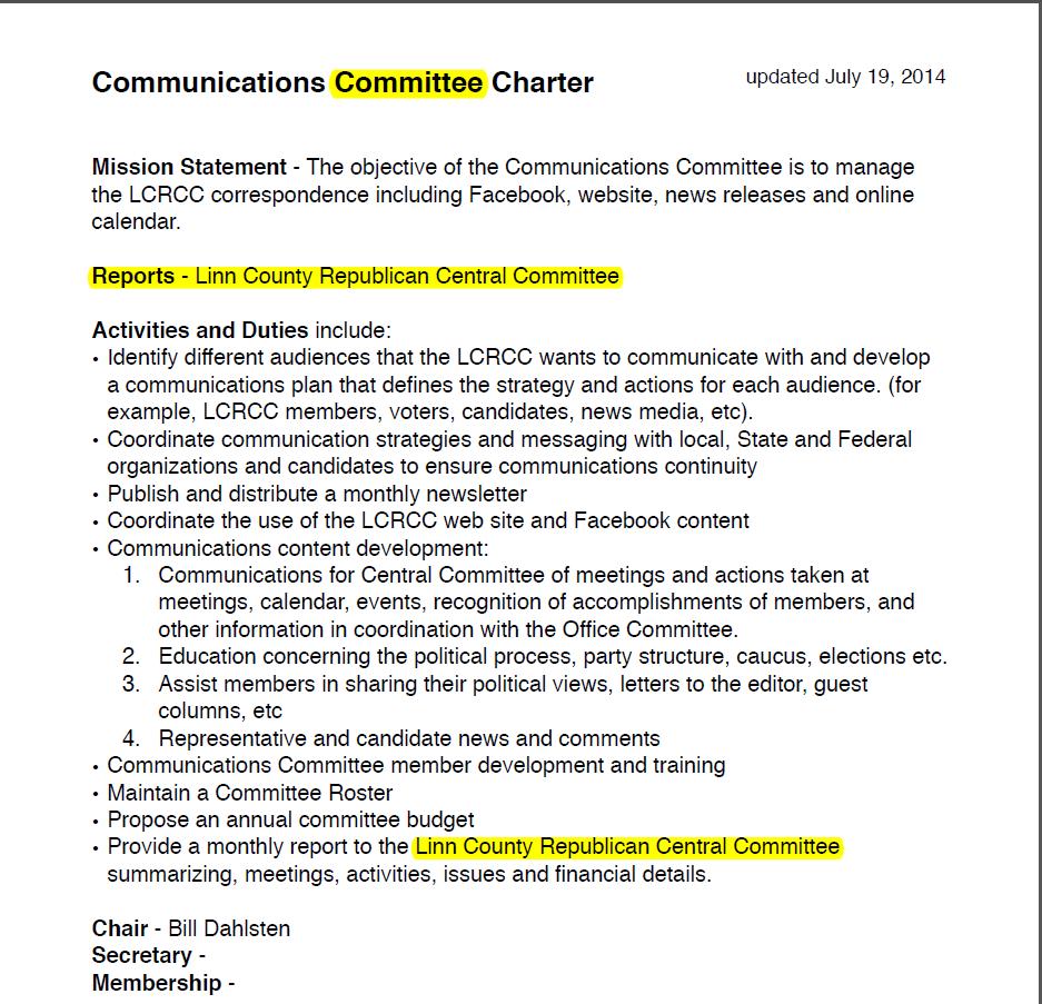 5 Appendix B: Committee Charters This appendix contains all the approved charters which have all the changes incorporated from all the motions made at the July 15th LCRCC Monthly Business meeting as