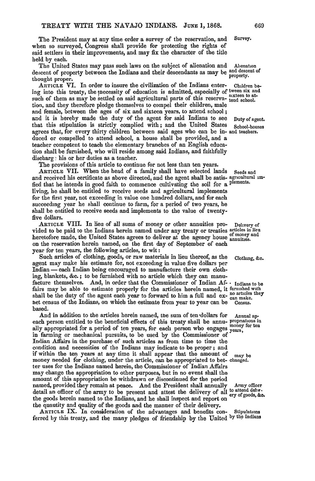 Case: 12-16958 05/15/2013 ID: 8630738 DktEntry: 9-3 Page: 73 of 99 TREATY WITH THE NAVAJO INDIANS. JuN 1, 1868. The President may at any time order a survey of the reservation, and Survey.