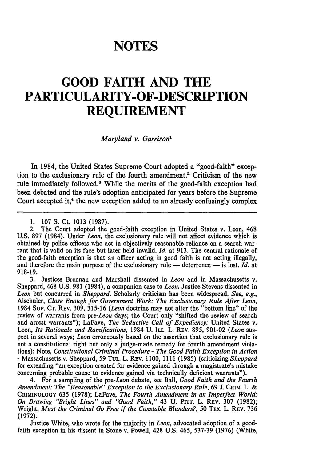Harrison: Harrison: Good Faith and the Particularity NOTES GOOD FAITH AND THE PARTICULARITY-OF-DESCRIPTION REQUIREMENT Maryland v.
