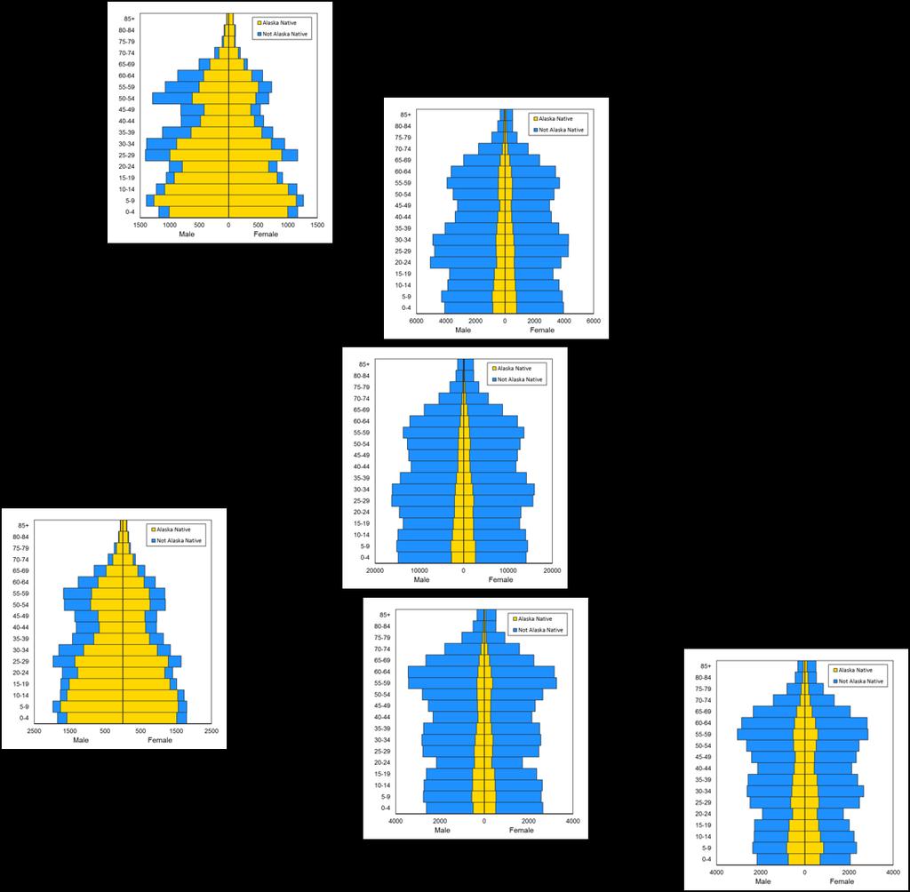 To give a better idea of the demographic characteristics of the six regions, here are population pyramids showing the Alaska Native (in yellow) and non-native populations.