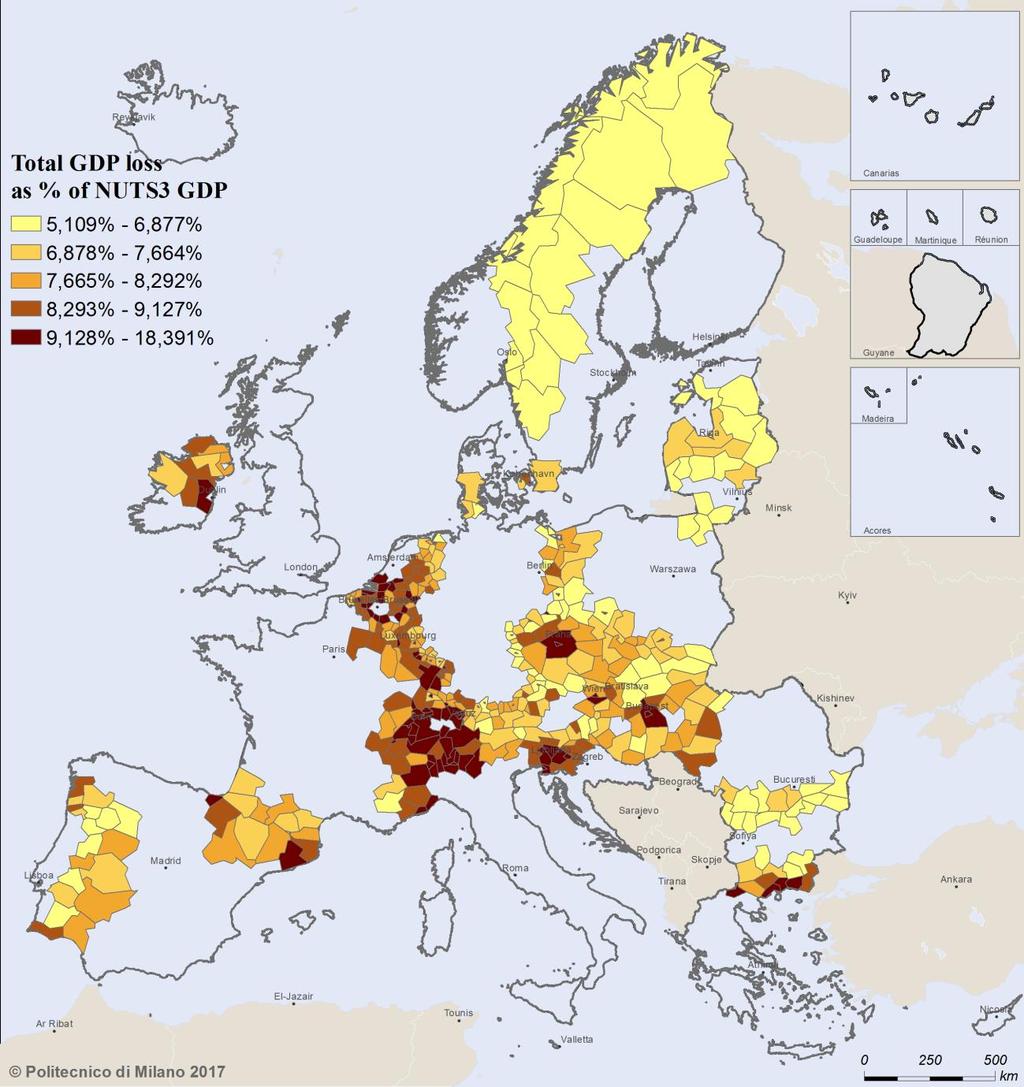 Total GDP loss due to border effects as share of NUTS3 GDP Losses due to border effects tend to accrue to economic powerhouses of the EU economy, where the highest endowment of growth factors are
