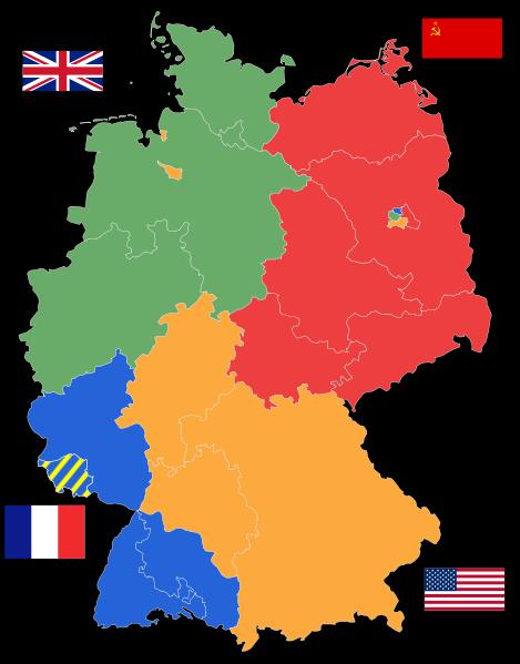 The aftermath of World War II What was left of Nazi Germany was divided into 4 areas.