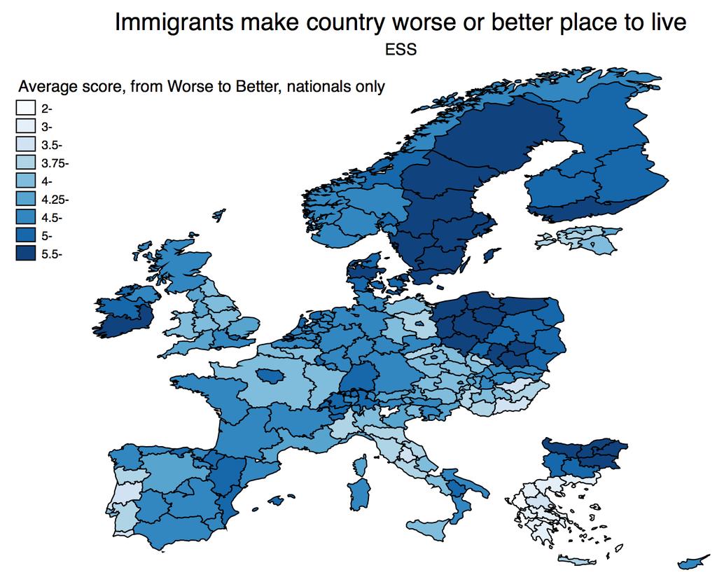 Figure 5: Average score to question Is country made a worse or better place to live by people coming to live here from other countries?