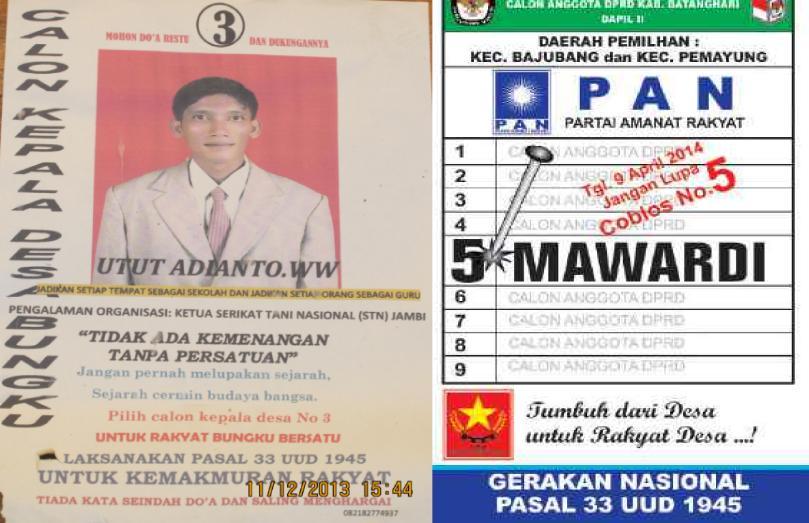 CATUR Figure 18 Left to Right: Catur s Campaign Poster for Election to Post of Village Head for the 2013-2020 Period; PRD Activist Candidate List for Legislative Election in 2014 R. Mardiana 4.1.6 Ujung Aspal Community: Adat Land Claim, To Whom is it for?