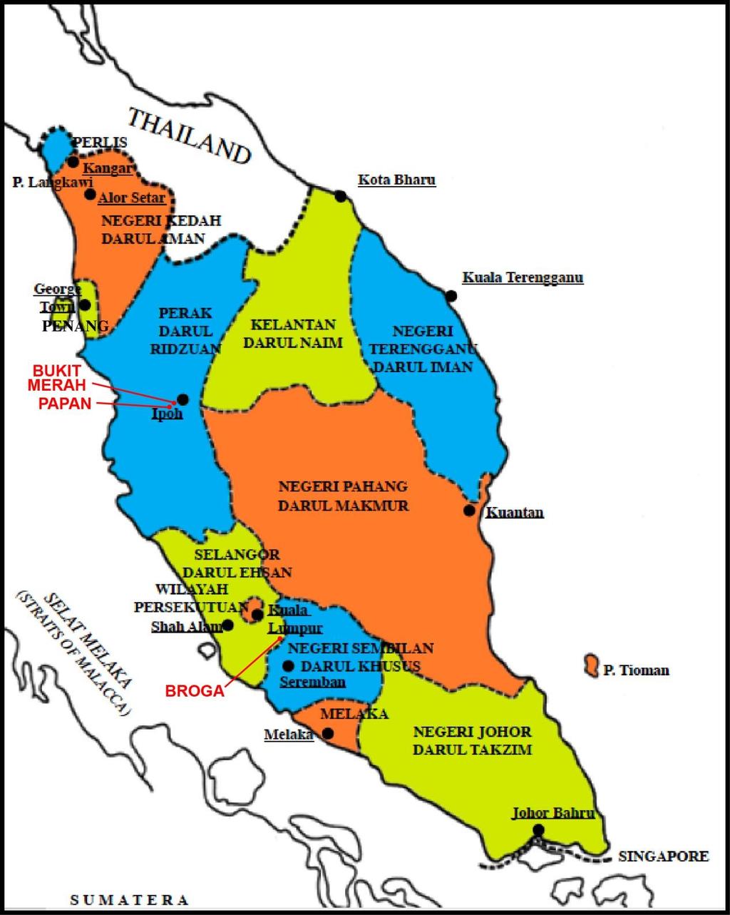 Map 1: Peninsula Malaysia and approximate location of case studies (Source: