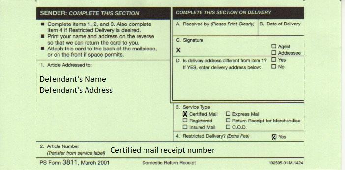 Complete Reverse side of the Domestic Return Receipt (green post card Form 3811) so it will be returned to you as proof of service.