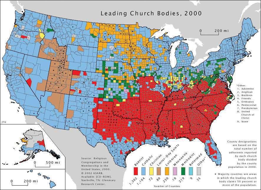 Figure 4.18 Distribution of Religious Organizations in the United States Source: Map courtesy of Verrai,http://commons.wikimedia.org/wiki/File:Religions_of_the_US.PNG.