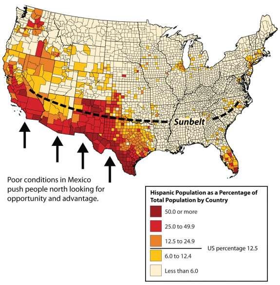 Figure 4.13 Hispanic Population in the United States and the US Sun Belt Source: Map courtesy of NationalAtlas, http://www.nationalatlas.gov/.