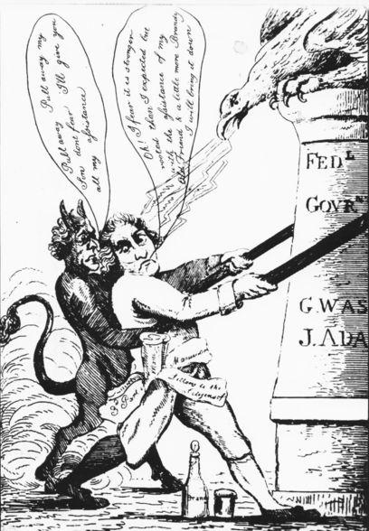 A Federalist Newspaper Cartoon in 1800 Attacks a Drunken Jefferson for Trying to Pull Down the Pillars