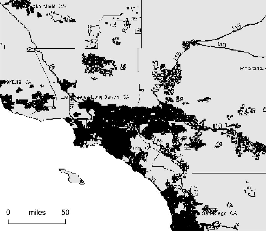 392 JOHN M. QUIGLEY ET AL. Figure 1. Distribution of total population in the Los Angeles CMSA, 1990.