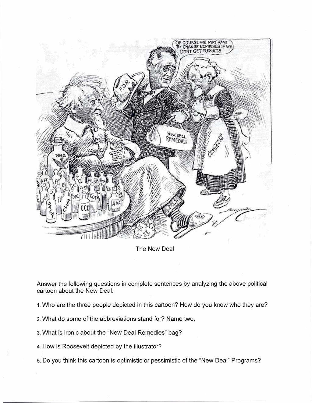 The New Deal Answer the following questions in complete sentences by analyzing the above political cartoon about the New Deal. 1. Who are the three people depicted in this cartoon?