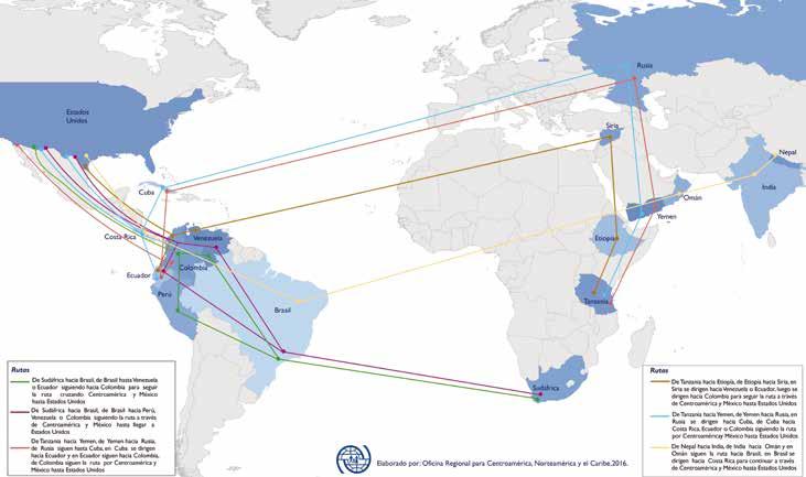 Main routes used by undocumented extracontinental migrants over the past seven years, according to documented cases (routes with intercontinental flights)»» Routes in which the point of entry to the