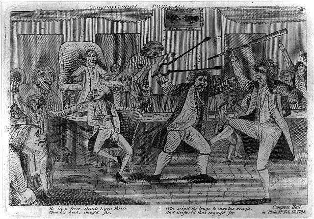 1798 portrayal of a fight on the floor of Congress during the debates on the Alien and Sedition Acts between Representative Matthew Lyon of Vermont and Representative Roger Griswold of Connecticut.