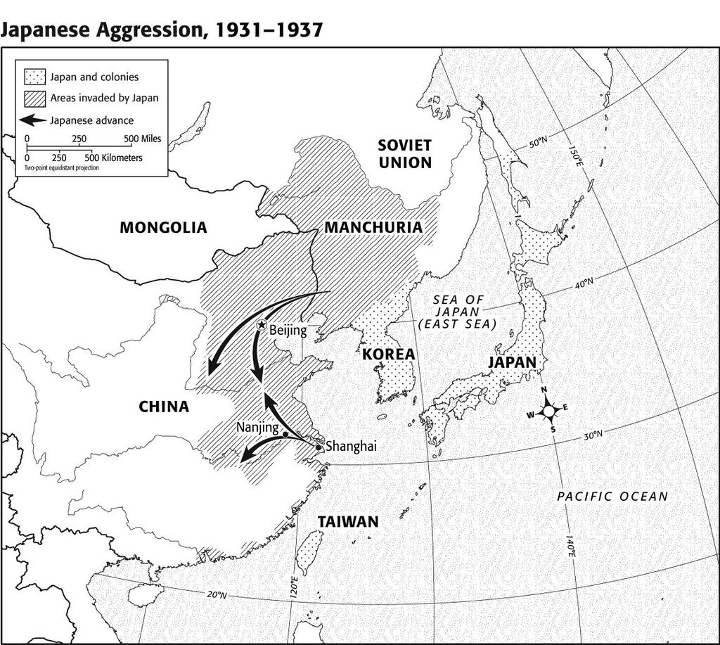 Chapter Test Form A PRACTICING SOCIAL STUDIES SKILLS Study the map below and answer the questions that follow. 6. What boundary served as the northern limit of Japanese military aggression? a. the Chinese boundary with Mongolia b.