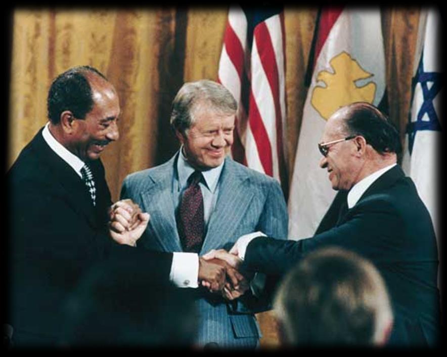 President Jimmy Carter, Egyptian President Anwar Sadat, and Israeli Prime Minister Menachem Begin, shake hands after signing the Camp David Accords on September 17, 1978 Consequences