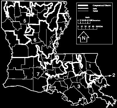 Use the map to answer the question below 4a 9 B The congressional district boundaries shown on the map were probably drawn by the A United States Congress B Louisiana state legislature * C Federal