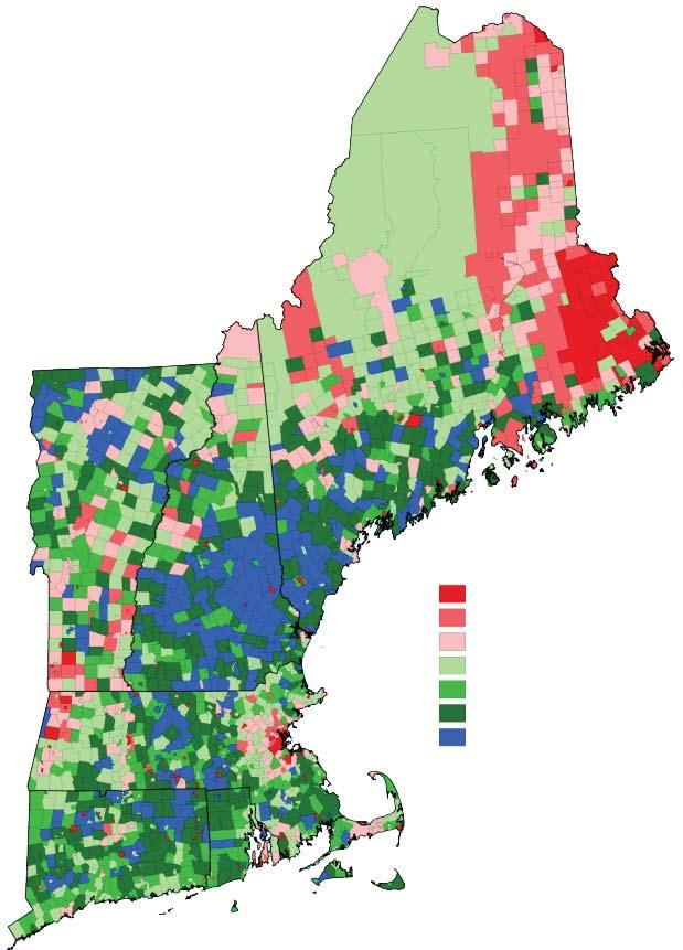 6 The contrasting trends in metropolitan and nonmetropolitan New England are clearly reflected in the spatial distribution of growing and declining towns.